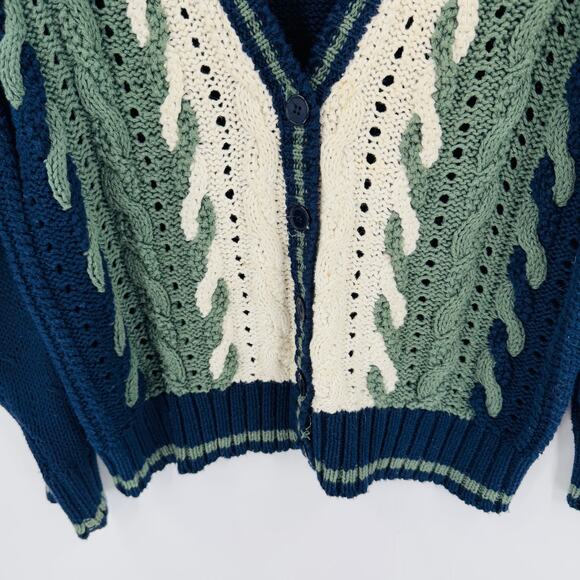 Vintage Christopher Sport Hand Knit Cardigan Navy Green V-Neck Sweater Size M - Picture 6 of 9